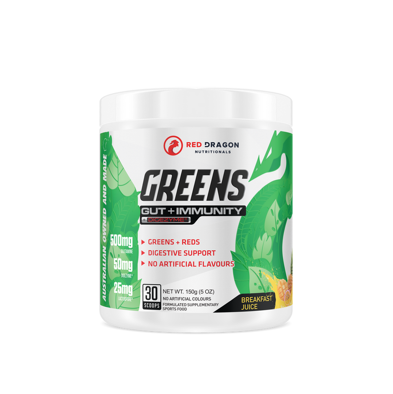 Fitness Hero presents Red Dragon Greens. Red Dragon Greens are a comprehensive blend of greens, reds and antioxidants, with a focus on improving your gut health and immune function.