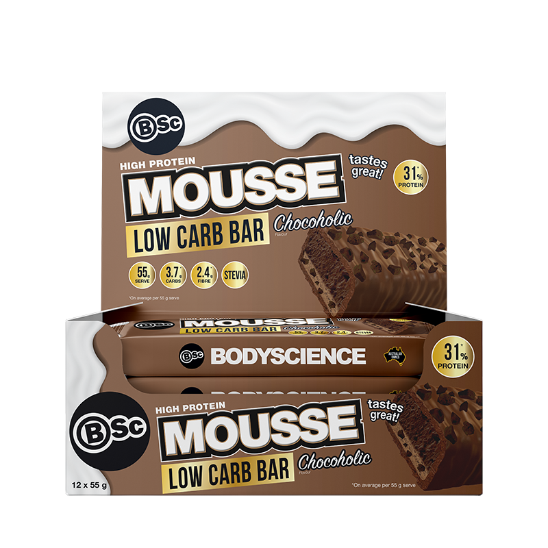 Fitness Hero presents the all new, BSc Body Science High Protein Low Carb Mousse Bar.In four seriously delicious dessert flavours, this high protein, low carb, low sugar bar is everything you never knew you were missing in your sweet treats